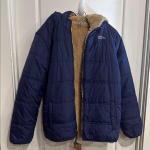 Eddie Bauer Kids' Navy Reversible Puffer Jacket with Tan Brown Fleece Lining